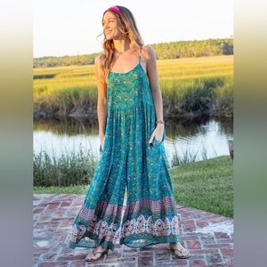 NATURAL LIFE Teal Floral Boho Jumpsuit with Pink Headband Accent